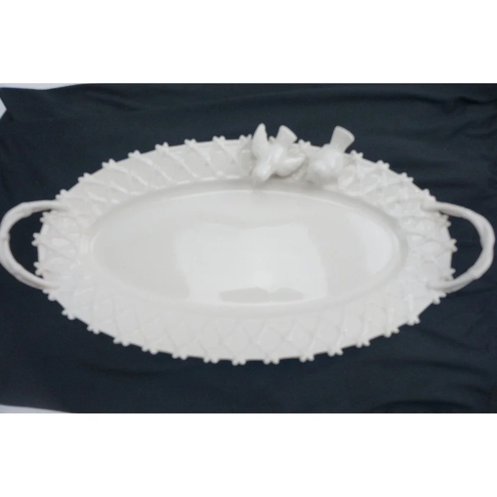 Grace Tea Ware Serving Platter White Bird Lattice Ceramic Oval Tray Excellent